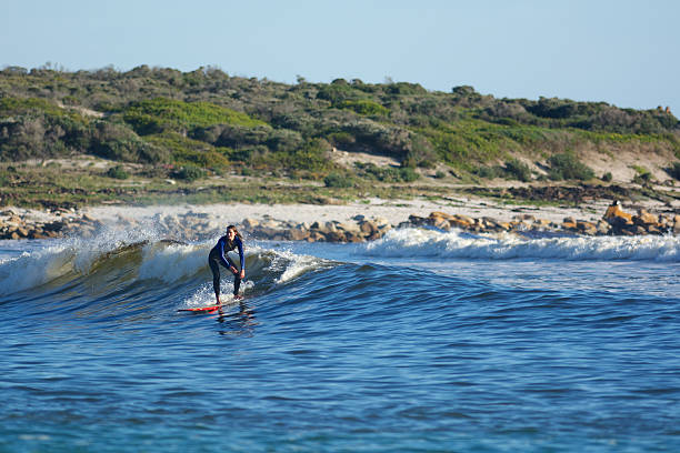 female surfer surfs down a small gentle wave in scarborough, cape town